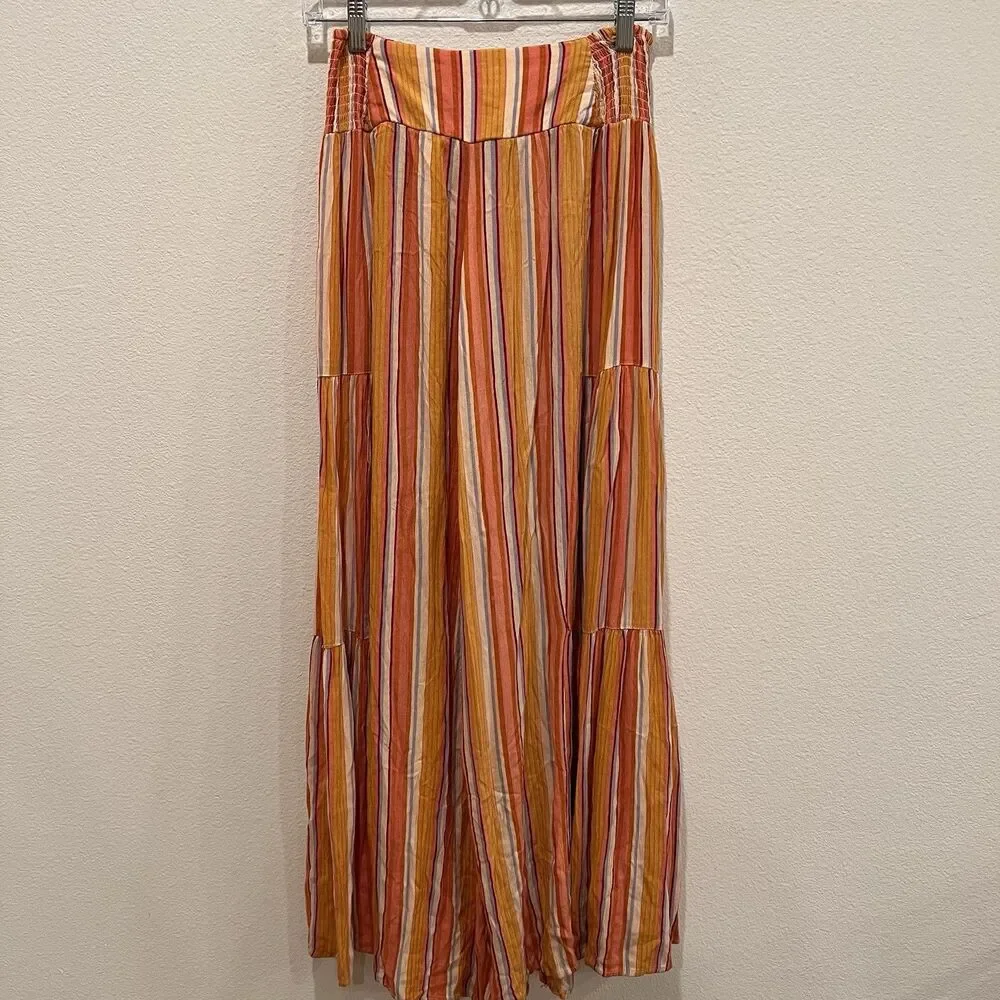 Angie Women’s Wide Leg Pants Orange Stripe Sz S Waist Tie Boho Festival Prairie - Picture 6 of 9